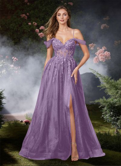 A-Line Off-The-Shoulder Floor-Length Tulle Prom Dresses With Sequins/Lace