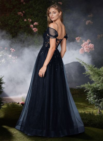 A-Line Off-The-Shoulder Floor-Length Tulle Prom Dresses With Sequins/Lace