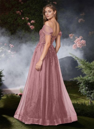 A-Line Off-The-Shoulder Floor-Length Tulle Prom Dresses With Sequins/Lace