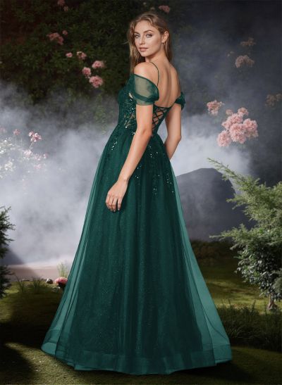 A-Line Off-The-Shoulder Floor-Length Tulle Prom Dresses With Sequins/Lace