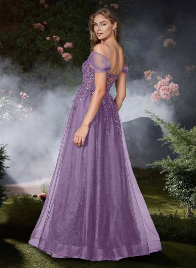 A-Line Off-The-Shoulder Floor-Length Tulle Prom Dresses With Sequins/Lace