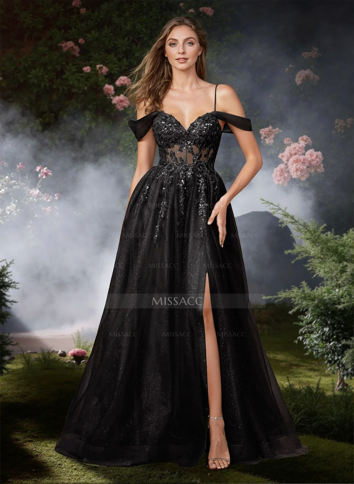 Glitter Illusion Corset Cold Shoulder Prom Dresses With Strappy Back $159