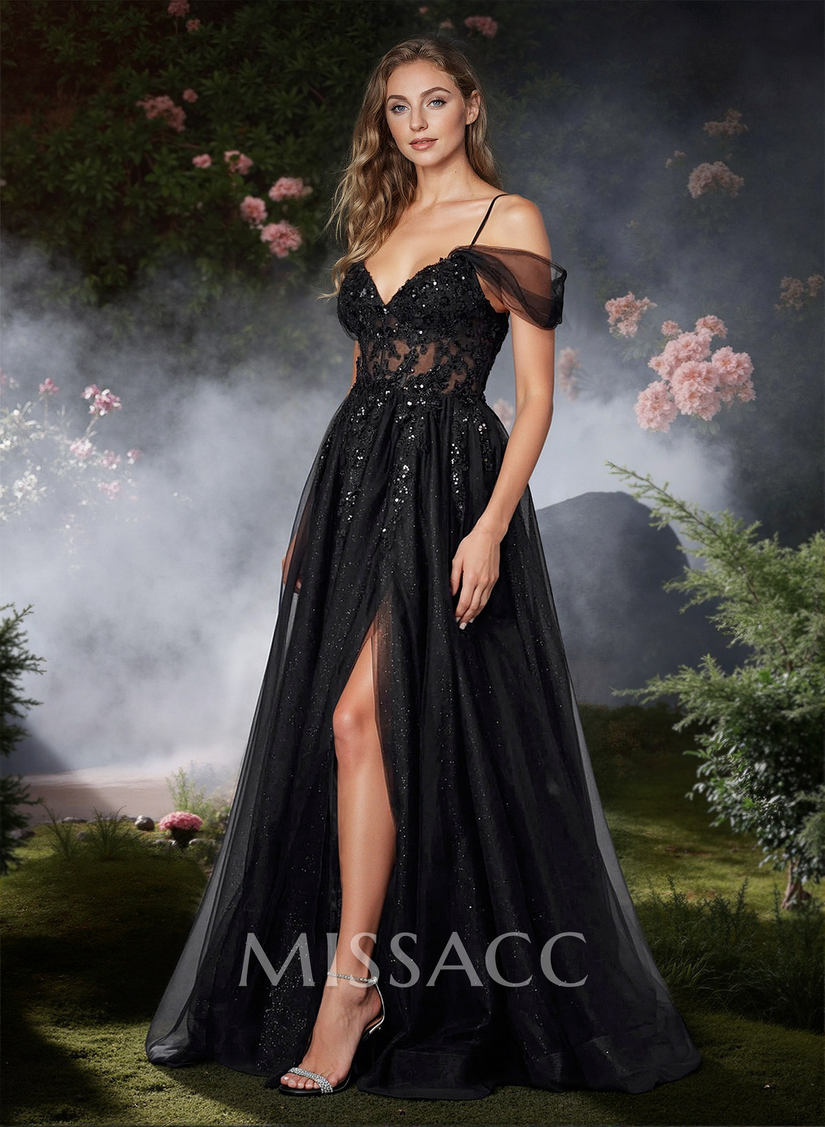 Glitter Illusion Corset Cold Shoulder Prom Dresses With Strappy Back Glitter Illusion Corset Cold Shoulder Prom Dresses With Strappy Back