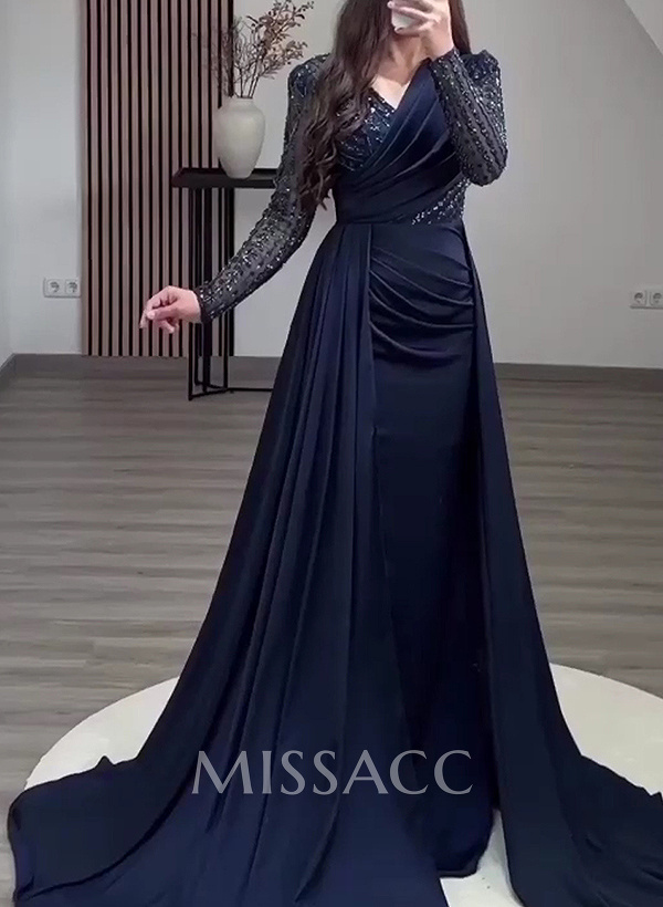Sheath/Column V-Neck Acetate Satin Prom Dresses With Beading/Sweeping Side Drape Sheath/Column V-Neck Acetate Satin Prom Dresses With Beading/Sweeping Side Drape