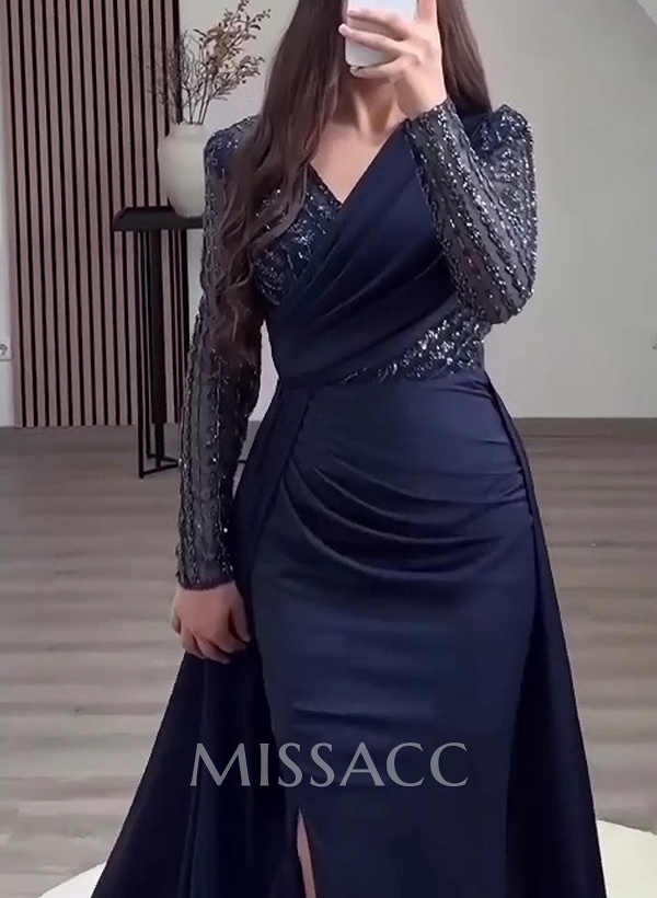 Sheath/Column V-Neck Acetate Satin Prom Dresses With Beading/Sweeping Side Drape Sheath/Column V-Neck Acetate Satin Prom Dresses With Beading/Sweeping Side Drape