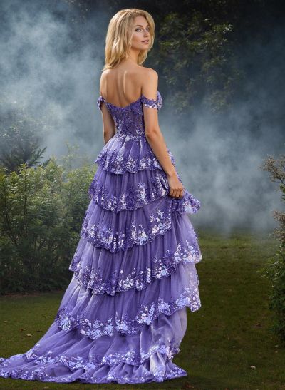 A-Line Off-The-Shoulder Sweep Train Tulle Prom Dresses With Sequins/High Split