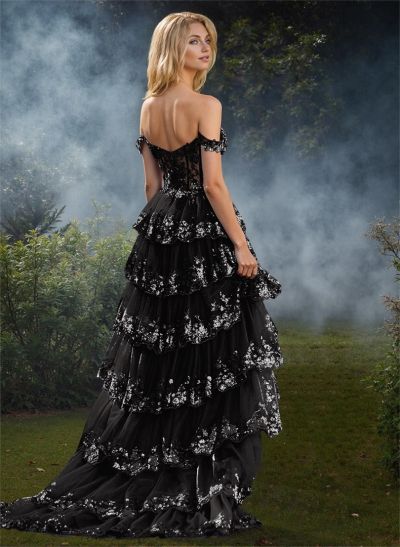 A-Line Off-The-Shoulder Sweep Train Tulle Prom Dresses With Sequins/High Split