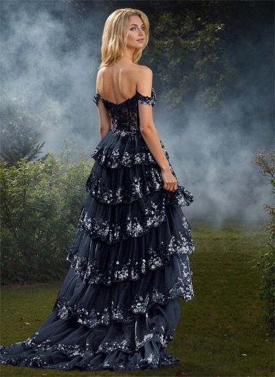 A-Line Off-The-Shoulder Sweep Train Tulle Prom Dresses With Sequins/High Split