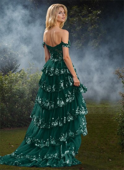 Exquisite Tiered Skirt Illusion Corset Prom Dresses With Floral Applique