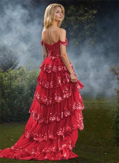 A-Line Off-The-Shoulder Sweep Train Tulle Prom Dresses With Sequins/High Split