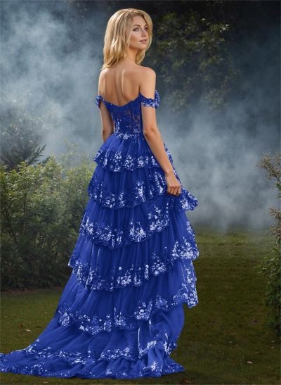 A-Line Off-The-Shoulder Sweep Train Tulle Prom Dresses With Sequins/High Split