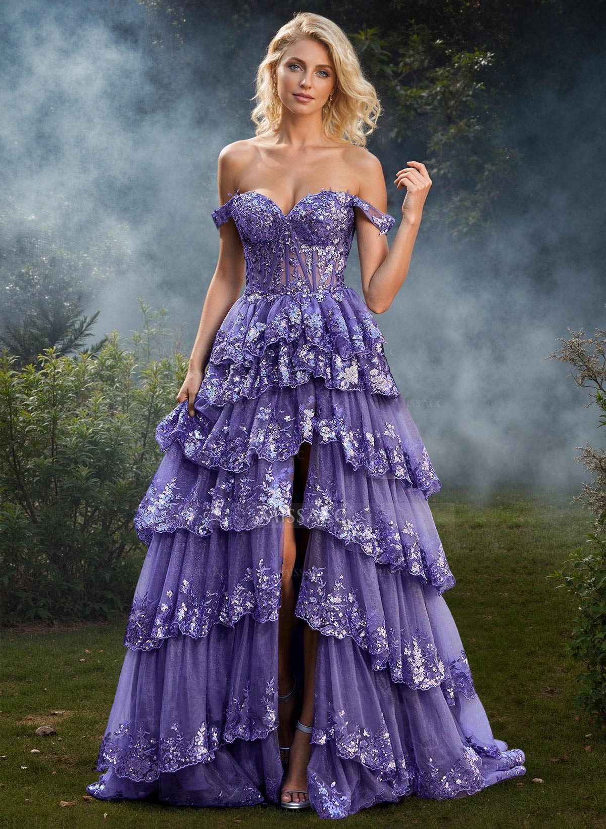 A-Line Off-The-Shoulder Sweep Train Tulle Prom Dresses With Sequins/High Split