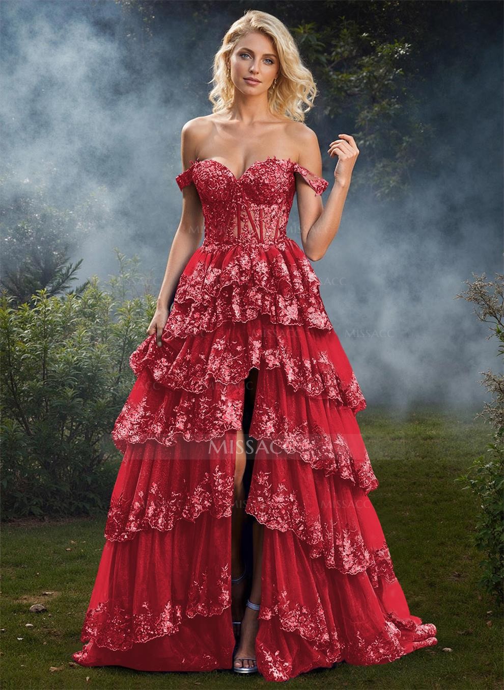 Exquisite Tiered Skirt Illusion Corset Prom Dresses With Floral Applique