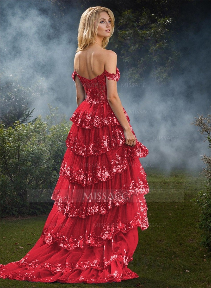 Exquisite Tiered Skirt Illusion Corset Prom Dresses With Floral Applique