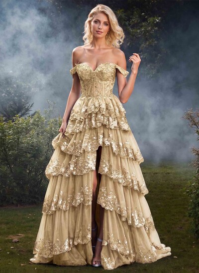 Exquisite Tiered Skirt Illusion Corset Prom Dresses With Floral Applique