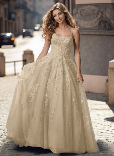 A-Line Square Neckline Sweep Train Lace/Tulle Prom Dresses