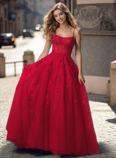 A-Line Square Neckline Sweep Train Lace/Tulle Prom Dresses