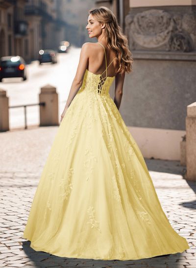 Illusion Corset Cross Back Princess Ball Gown Prom Dresses With Floral Applique