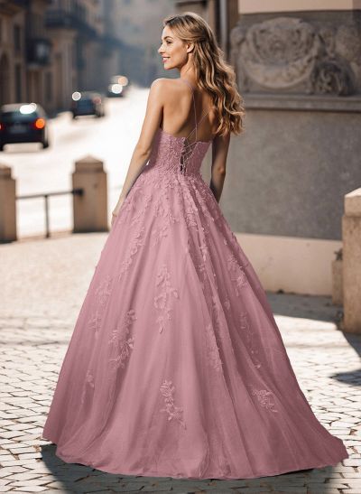 Illusion Corset Cross Back Princess Ball Gown Prom Dresses With Floral Applique