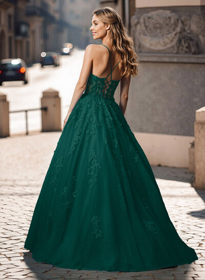 Illusion Corset Cross Back Princess Ball Gown Prom Dresses With Floral Applique