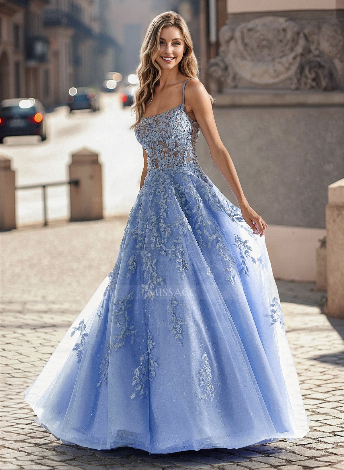 A-Line Square Neckline Sweep Train Lace/Tulle Prom Dresses