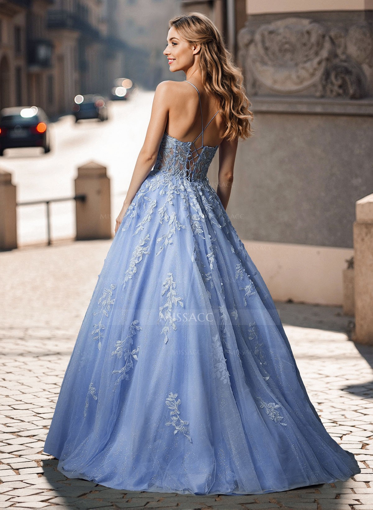 A-Line Square Neckline Sweep Train Lace/Tulle Prom Dresses