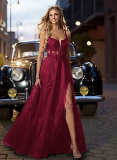 Dreamy Deep V-Neck Cross Back Prom Dresses With Floral Applique