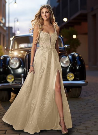 A-Line Square Neckline Sleeveless Sweep Train Lace/Tulle Prom Dresses With High Split