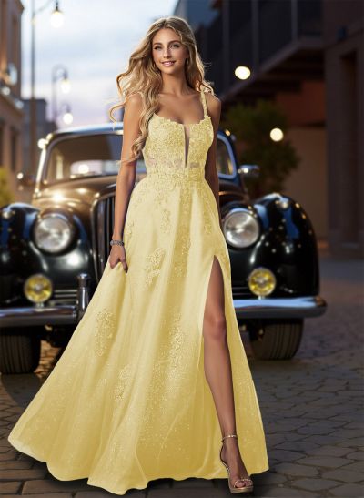 Dreamy Deep V-Neck Cross Back Prom Dresses With Floral Applique