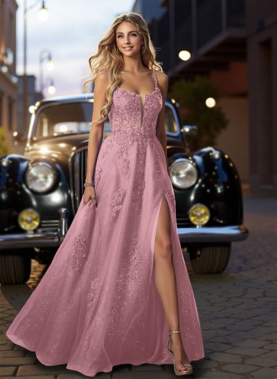 Dreamy Deep V-Neck Cross Back Prom Dresses With Floral Applique