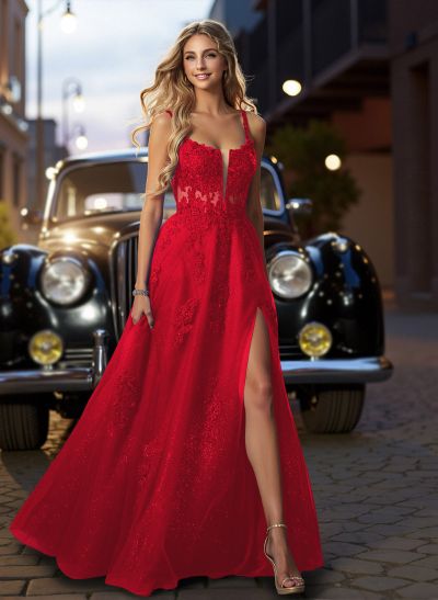 A-Line Square Neckline Sleeveless Sweep Train Lace/Tulle Prom Dresses With High Split