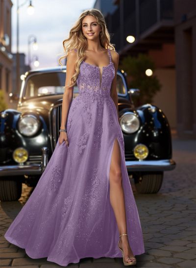 Dreamy Deep V-Neck Cross Back Prom Dresses With Floral Applique