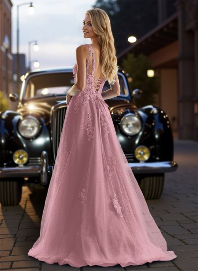 Dreamy Deep V-Neck Cross Back Prom Dresses With Floral Applique