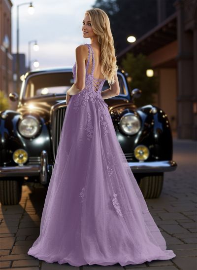 Dreamy Deep V-Neck Cross Back Prom Dresses With Floral Applique