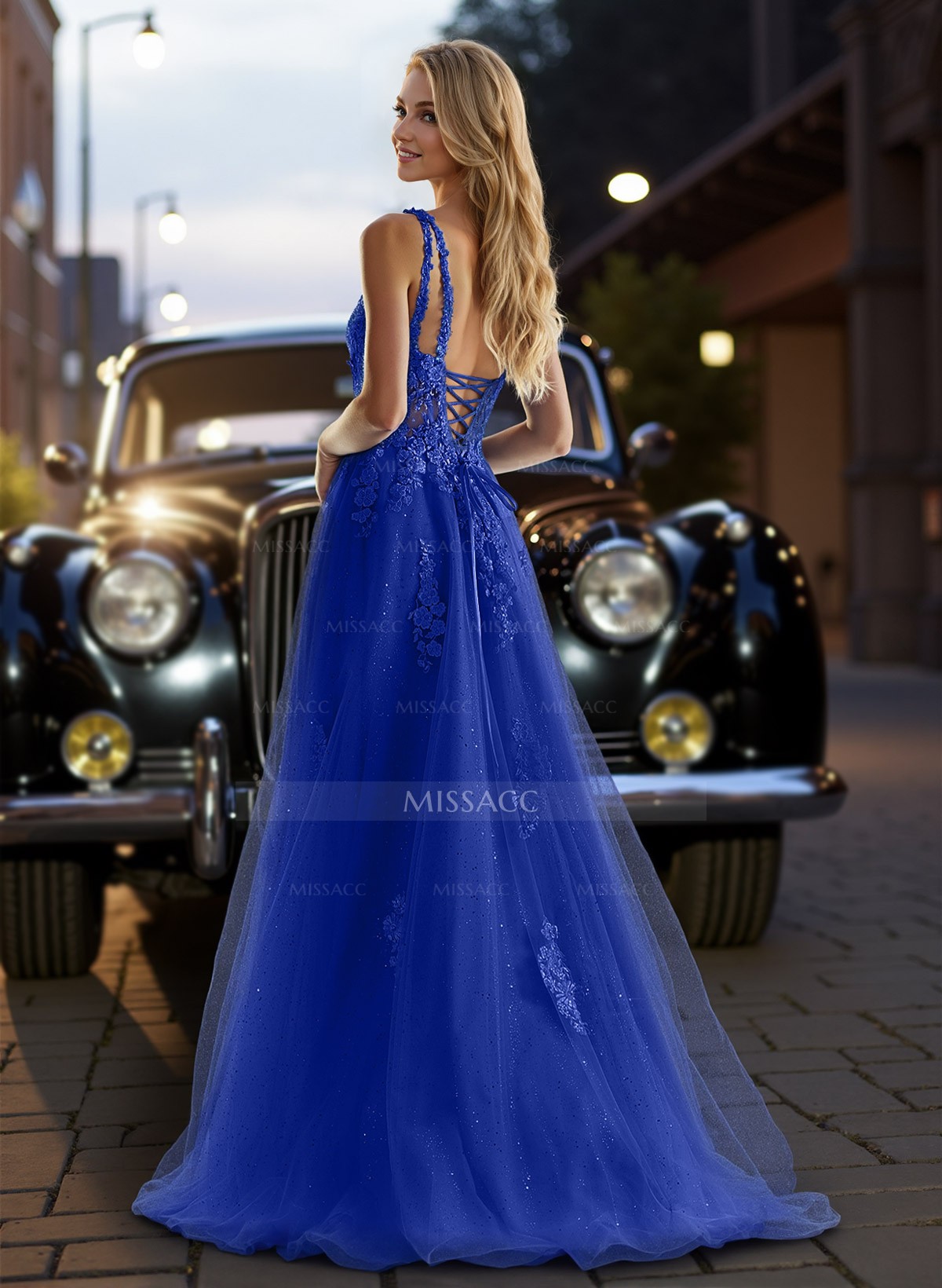 A-Line Square Neckline Sleeveless Sweep Train Lace/Tulle Prom Dresses With High Split