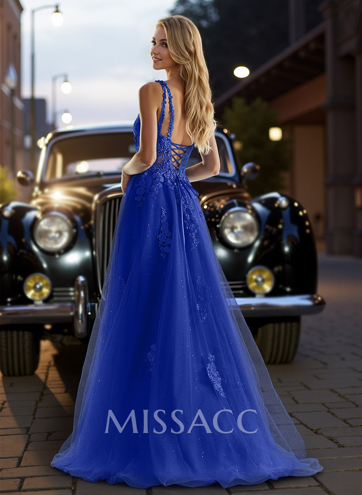 Dreamy Deep V-Neck Cross Back Prom Dresses With Floral Applique