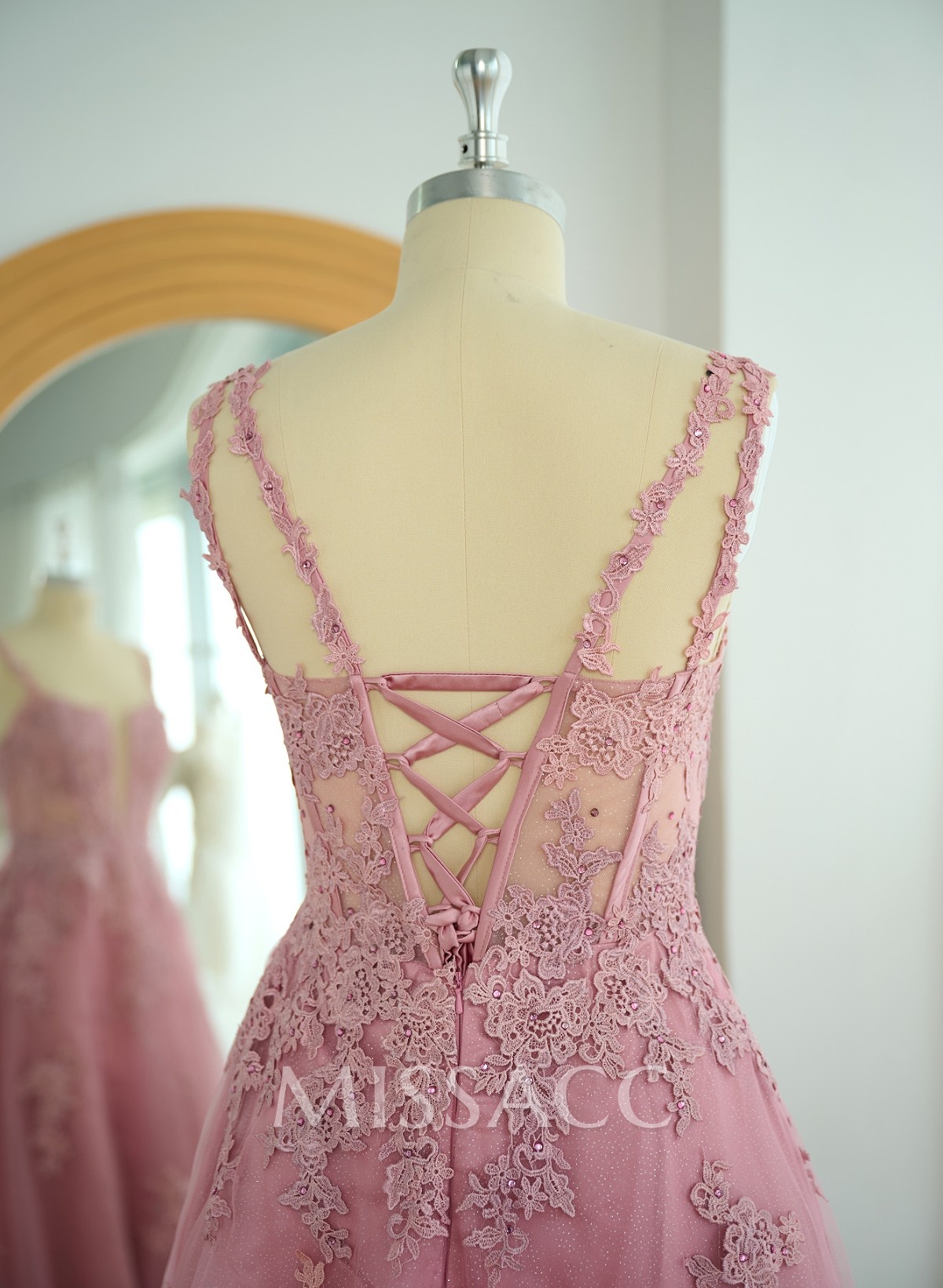 Dreamy Deep V-Neck Cross Back Prom Dresses With Floral Applique