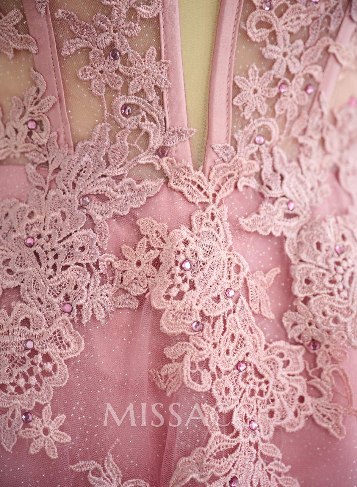 Dreamy Deep V-Neck Cross Back Prom Dresses With Floral Applique