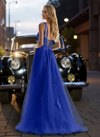Dreamy Deep V-Neck Cross Back Prom Dresses With Floral Applique