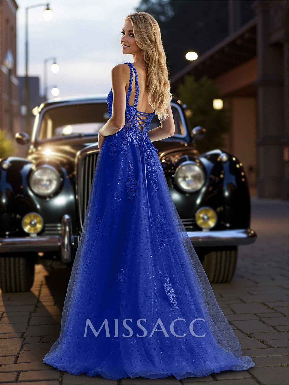 Dreamy Deep V-Neck Cross Back Prom Dresses With Floral Applique