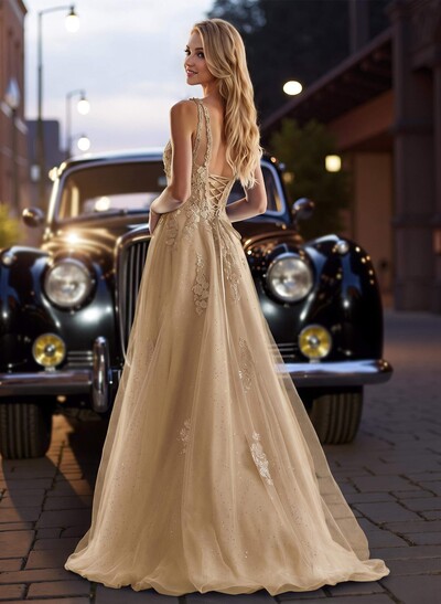 Dreamy Deep V-Neck Cross Back Prom Dresses With Floral Applique