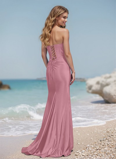 Sheath/Column Sweetheart Sweep Train Acetate Satin Prom Dresses With High Split