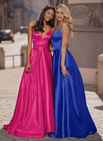 A-Line Plunge Neck Sleeveless Sweep Train Satin Prom Dresses