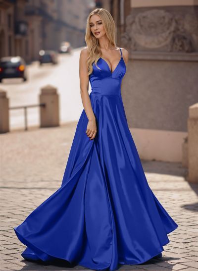 A-Line Plunge Neck Sleeveless Sweep Train Satin Prom Dresses