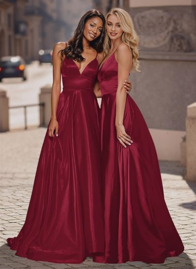 A-Line Plunge Neck Sleeveless Sweep Train Satin Prom Dresses