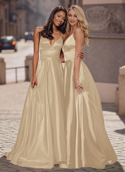 A-Line Plunge Neck Sleeveless Sweep Train Satin Prom Dresses