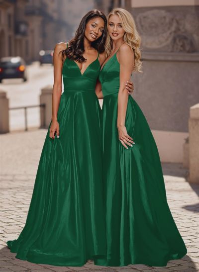 A-Line Plunge Neck Sleeveless Sweep Train Satin Prom Dresses