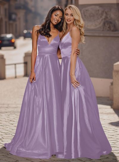 A-Line Plunge Neck Sleeveless Sweep Train Satin Prom Dresses