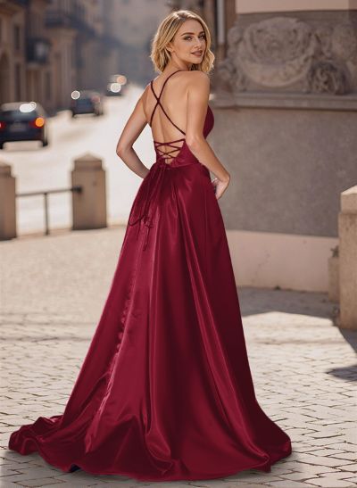 A-Line Plunge Neck Sleeveless Sweep Train Satin Prom Dresses