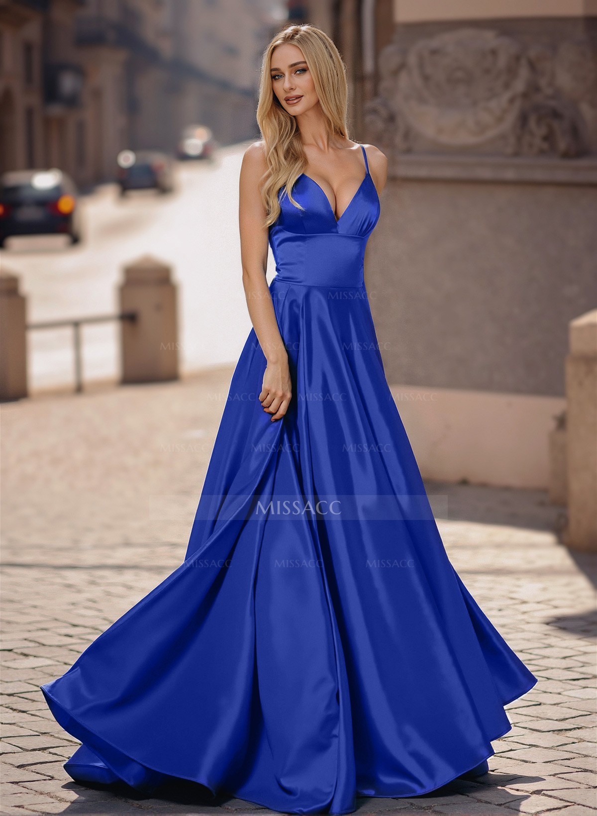 A-Line Plunge Neck Sleeveless Sweep Train Satin Prom Dresses